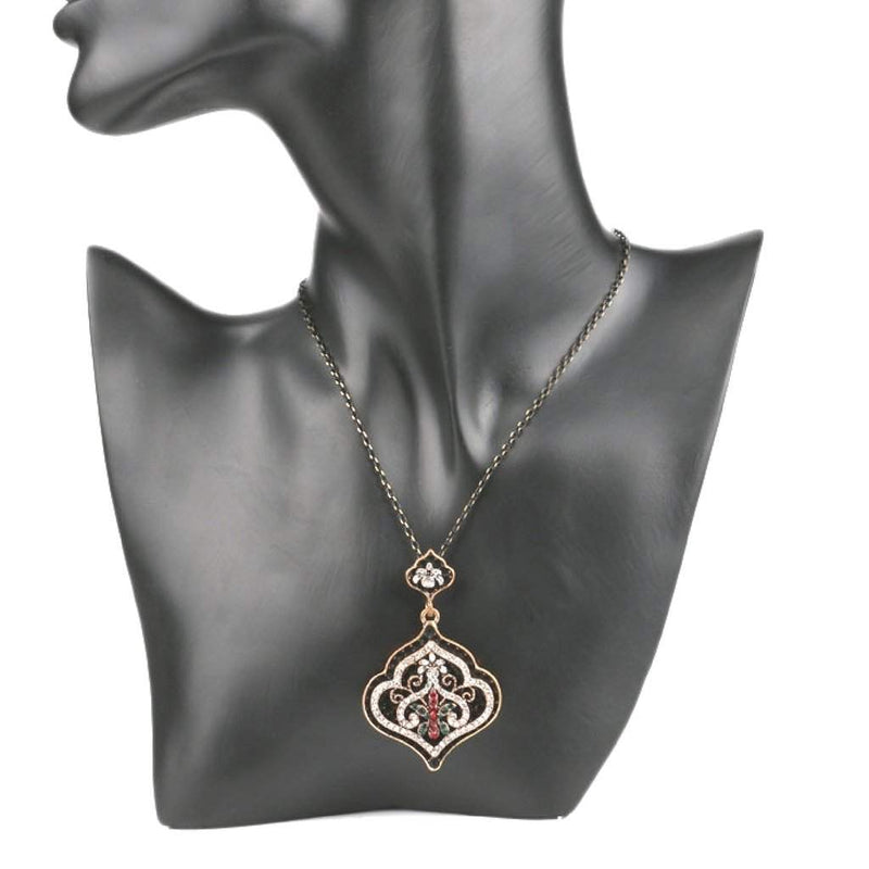 Black Pendant with Silver Crystals Ornate Pendant Necklace-Gold Necklaces