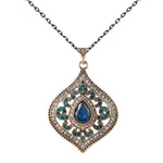 Blue Crystal Antique Gold Pendant Necklace-Antique,Blue,Crystal,Gold Necklaces