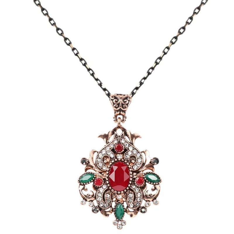 Red Stone Ornate Gold Pendant Necklace-Gold Necklaces,Green,Red