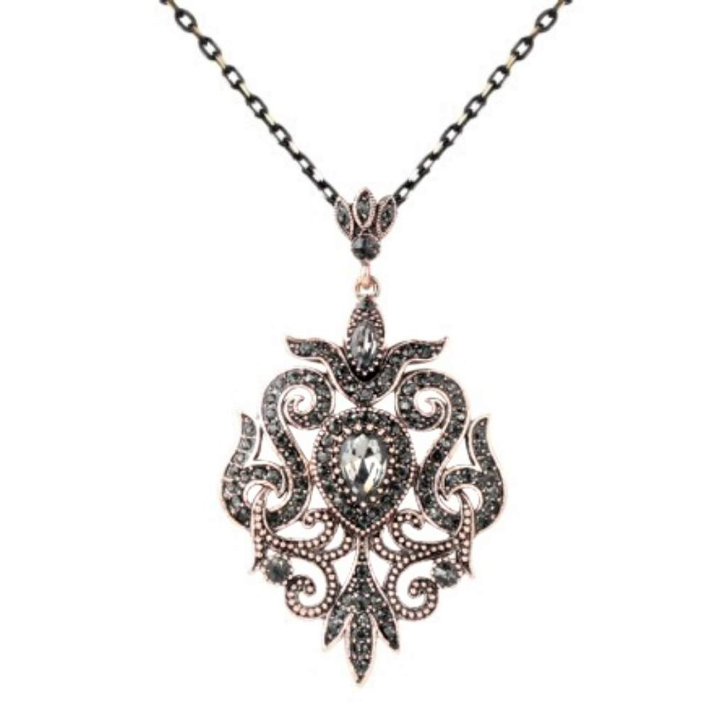 Dark Gray Crystal Ornate Pendant-Gold Necklaces
