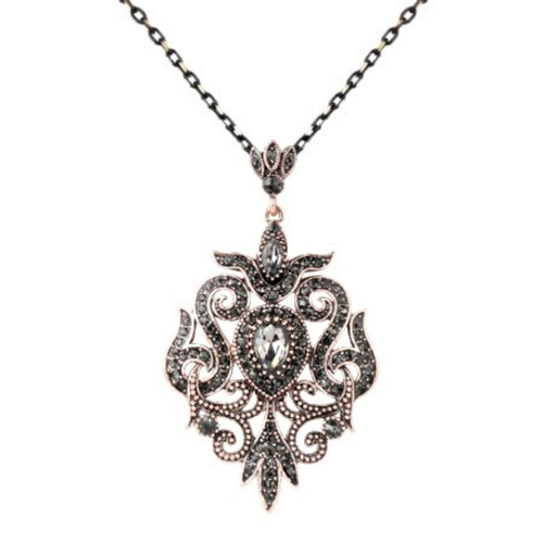 Dark Gray Crystal Ornate Pendant-Gold Necklaces