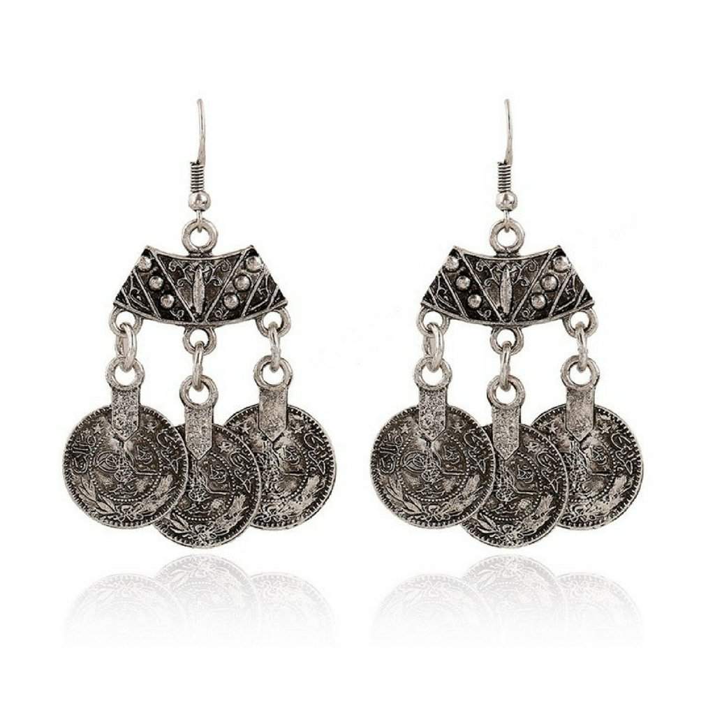 Silver Coin Dangle Boho Earrings-Dangle Earrings,Silver Earrings
