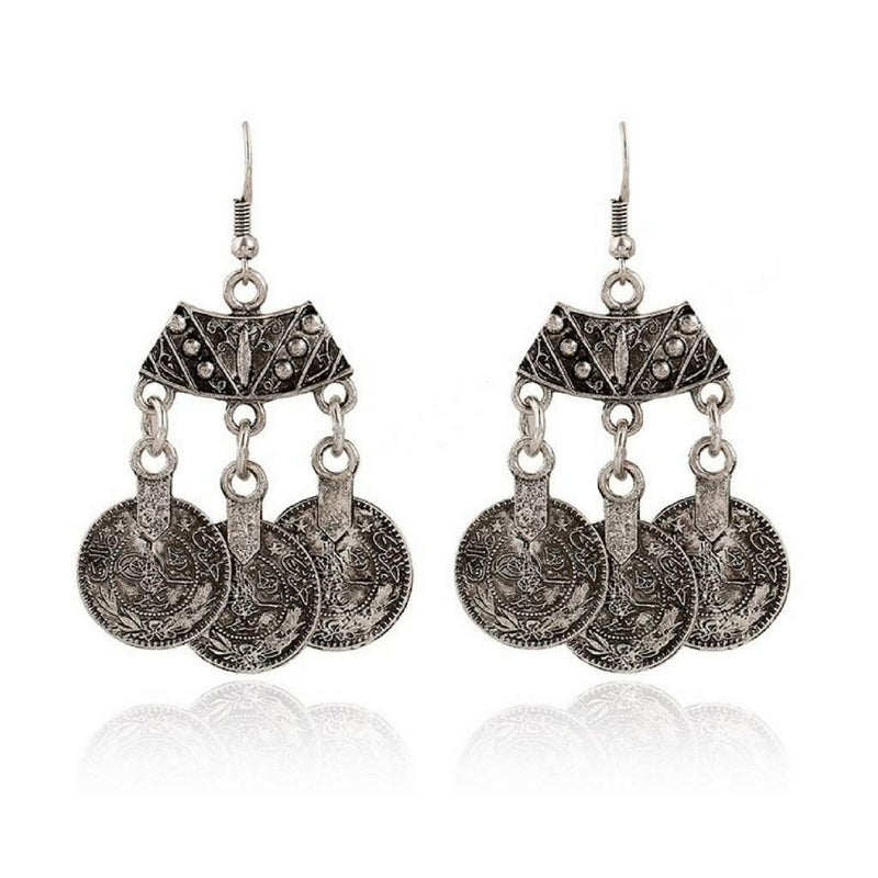 Silver Coin Dangle Boho Earrings-Dangle Earrings,Silver Earrings