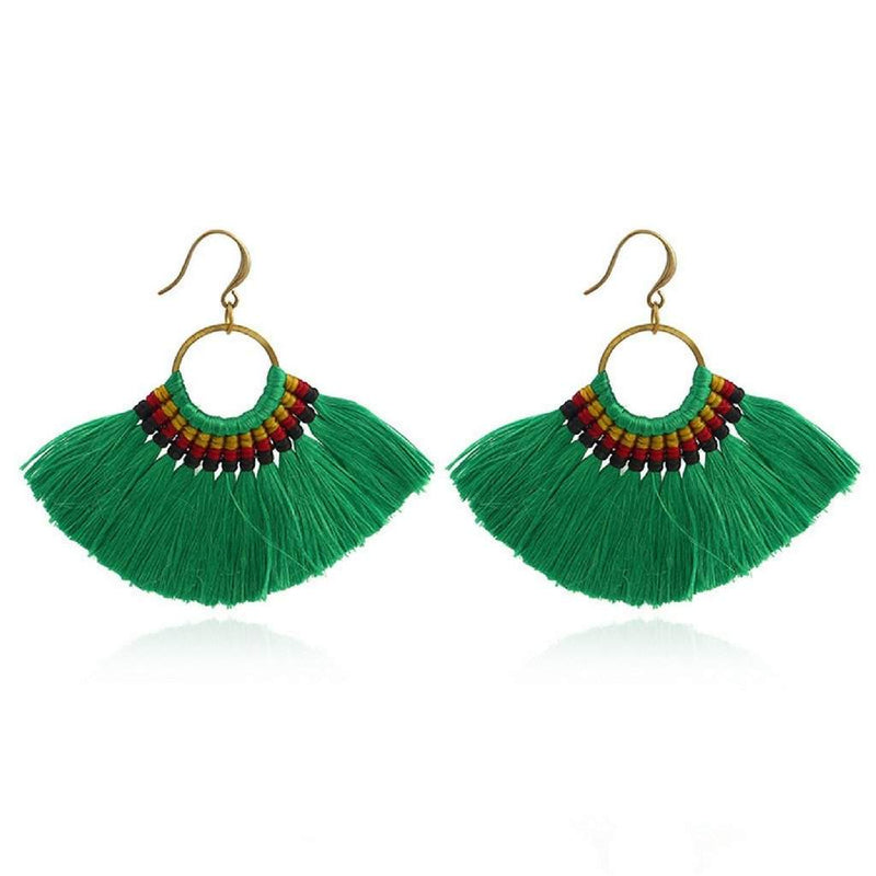 Green Tassel Fan Dangle Earrings-Dangle Earrings,Green,Tassel Earrings
