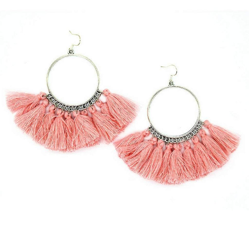 Pink Tassel Silver Hoops Dangle Earrings-Dangle Earrings,Pink,Silver Earrings,Tassel Earrings