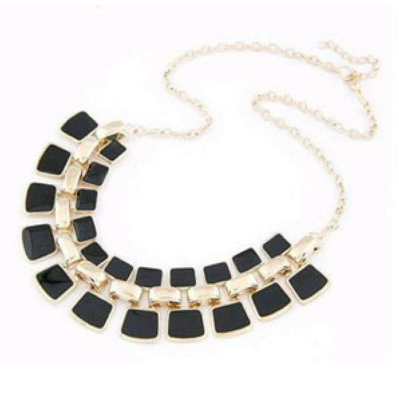 Black Square Enamel Link Statement Necklace.