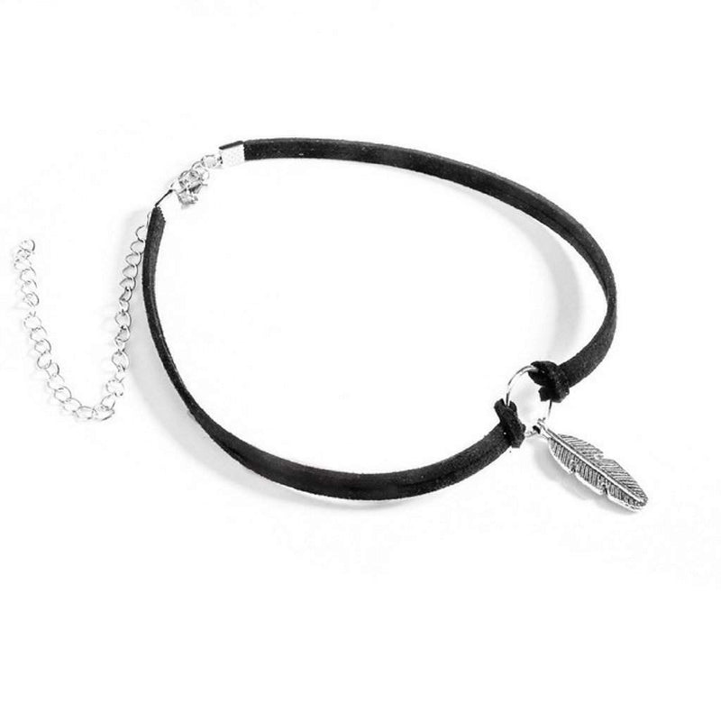 Black Choker with Silver Circle and Feather Charm-Chokers,Silver Necklaces