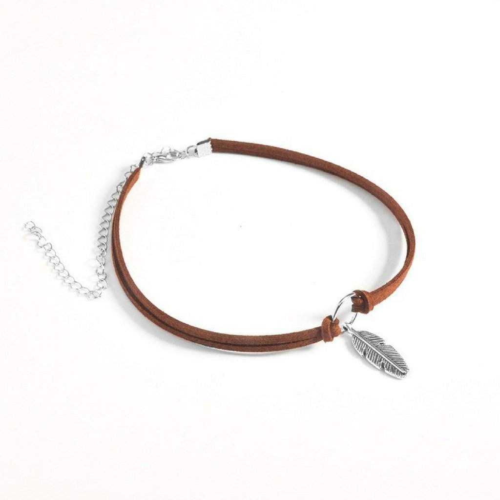 Brown Choker with Silver Circle and Feather Charm-Brown,Chokers,Silver Necklaces