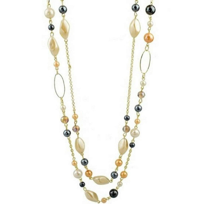 Long Layered Gold Chain and Bead Necklace.