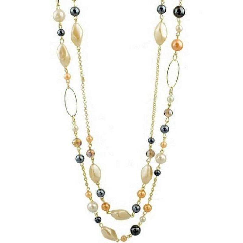 Long Layered Gold Chain and Bead Necklace-Gold Necklaces,Layered Necklaces,Long Necklaces