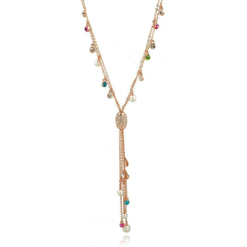 Gold Chain Lariat with Multi Colored Crystals and Tassel-Gold Necklaces,Long Necklaces,Tassel Necklaces