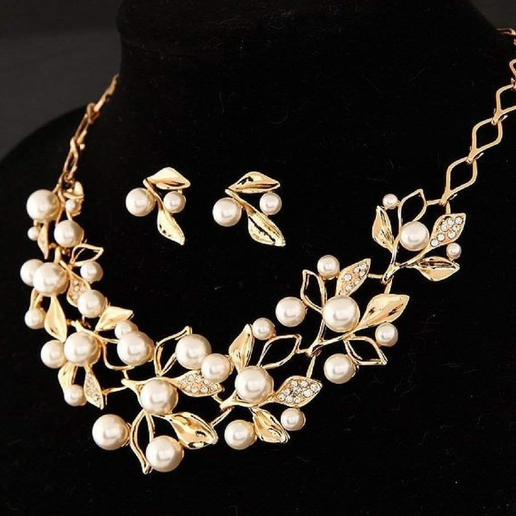 Pearl and Rhinestone Leaf Necklace-Gold Earrings,Gold Necklaces,Pearls