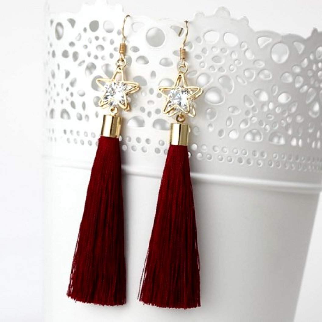 Burgundy Tassel Earrings with Gold Star and Crystal-Gold Earrings,Tassel Earrings