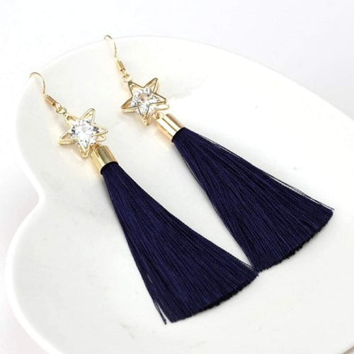 Navy Tassel Earrings with Gold Star and Crystal-Blue,Dangle Earrings,Gold Earrings,Tassel Earrings