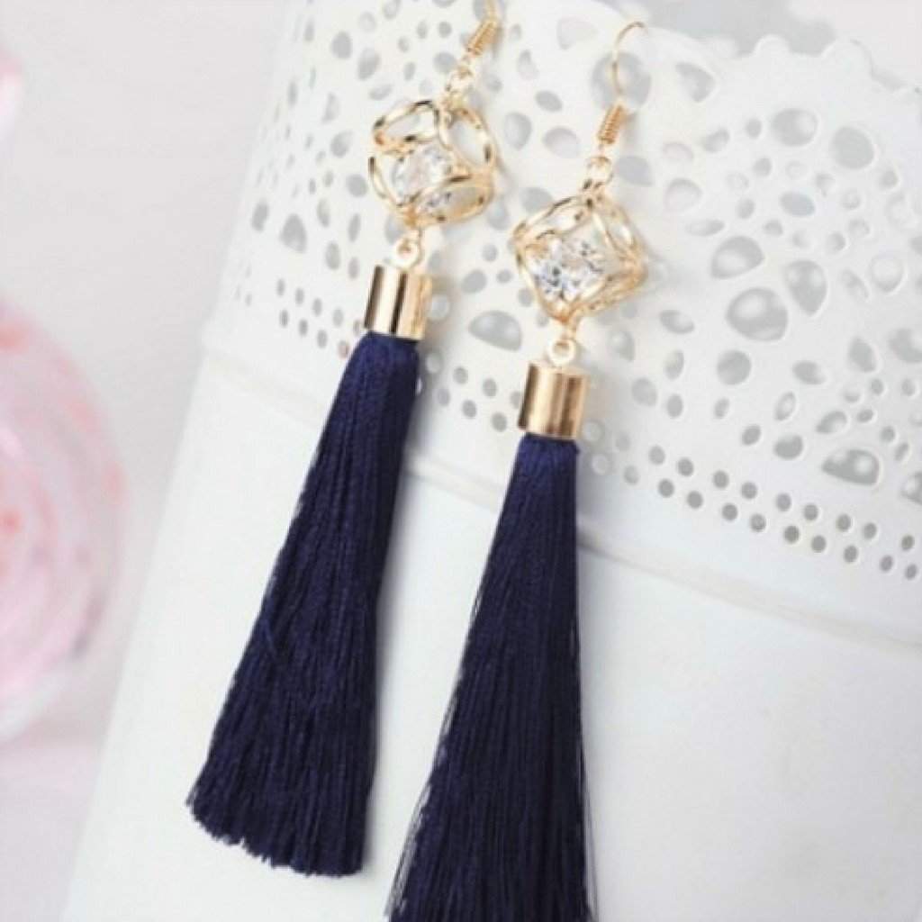 Navy Blue Tassel Earrings with Gold Square and Crystal-Dangle Earrings,Gold Earrings,Tassel Earrings