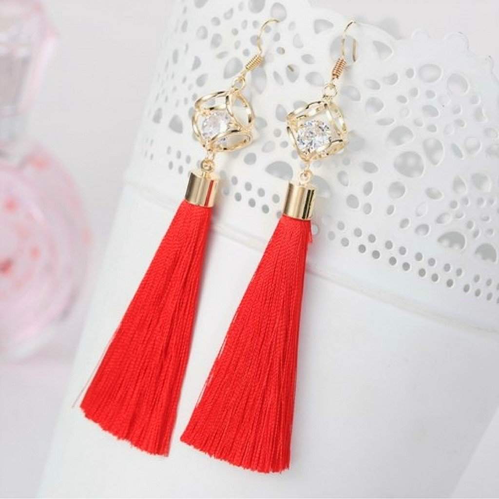 Red Tassel Earrings with Gold Square and Crystal-Dangle Earrings,Gold Earrings,Red,Tassel Earrings