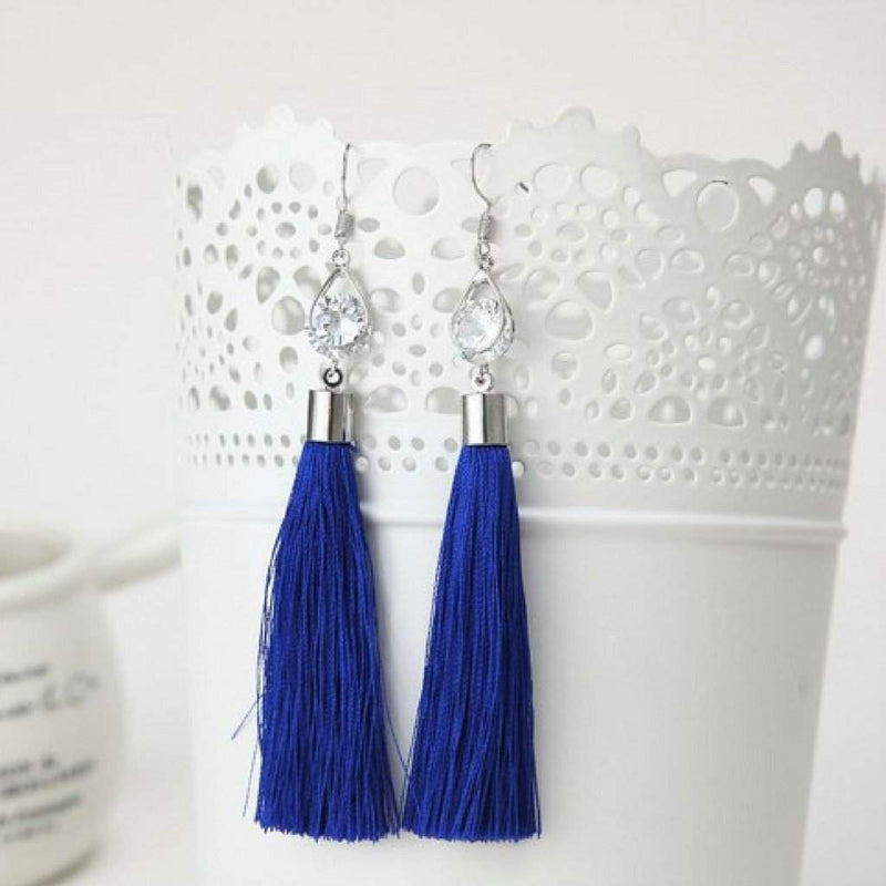 Navy Blue Tassel Earrings with Silver Oval and Crystal-Blue,Dangle Earrings,Silver Earrings,Tassel Earrings