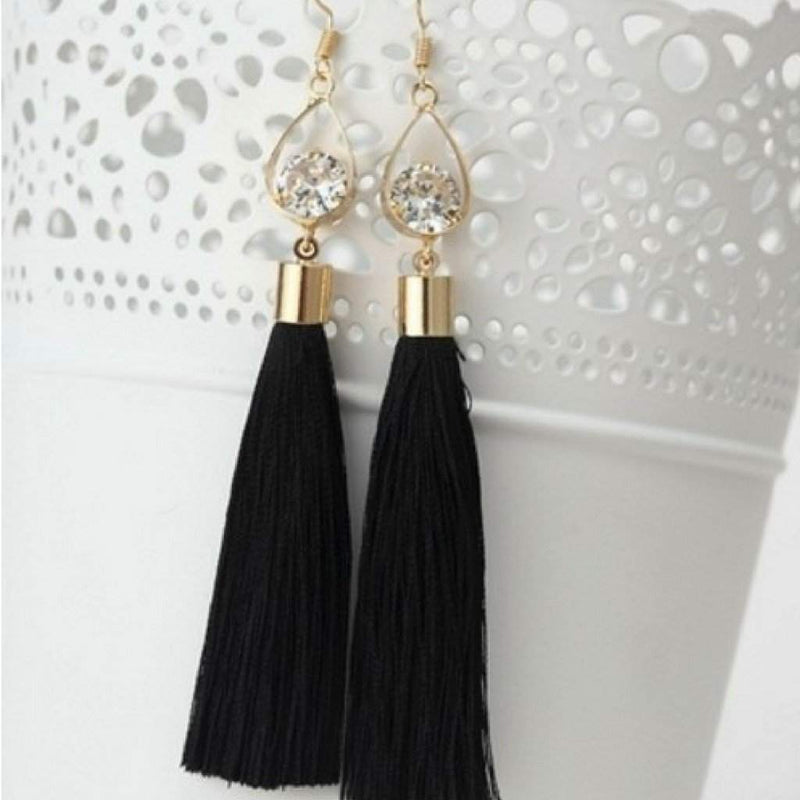 Black Tassel Earrings with Gold Oval and Crystal-Dangle Earrings,Gold Earrings,Tassel Earrings