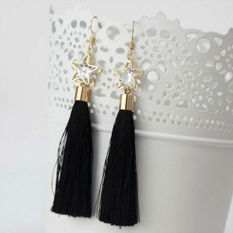 Black Tassel Earrings with Gold Star and Crystal-Black,Dangle Earrings,Gold Earrings,Tassel Earrings