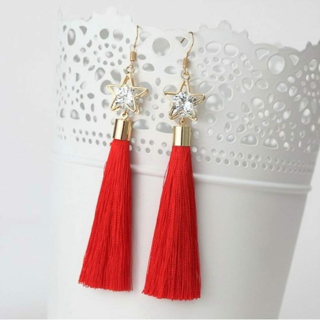 Red Tassel Earrings with Gold Star and Crystal-Dangle Earrings,Gold Earrings,Tassel Earrings