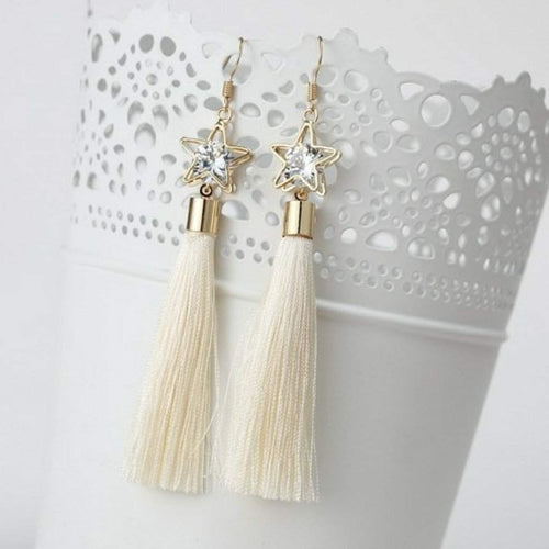 Off White Tassel Earrings with Gold Star and Crystal-Dangle Earrings,Gold Earrings,Tassel Earrings,White