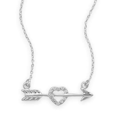Sterling Silver Arrow and CZ Heart Necklace-CZ Necklaces,Heart,Sterling Silver Necklaces