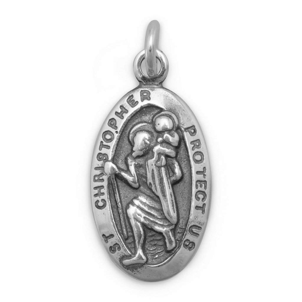 Saint Christopher Sterling Silver Oval Pendant Necklace-Sterling Silver Necklaces