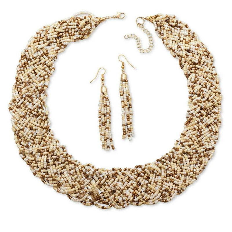 Ivory and Bronze Seed Beaded Collar Necklace and Earrings-Beaded Necklaces,Brown