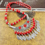 Red Beaded Boho and Silver Leaf Necklace-Beaded Necklaces,Long Necklaces,Red
