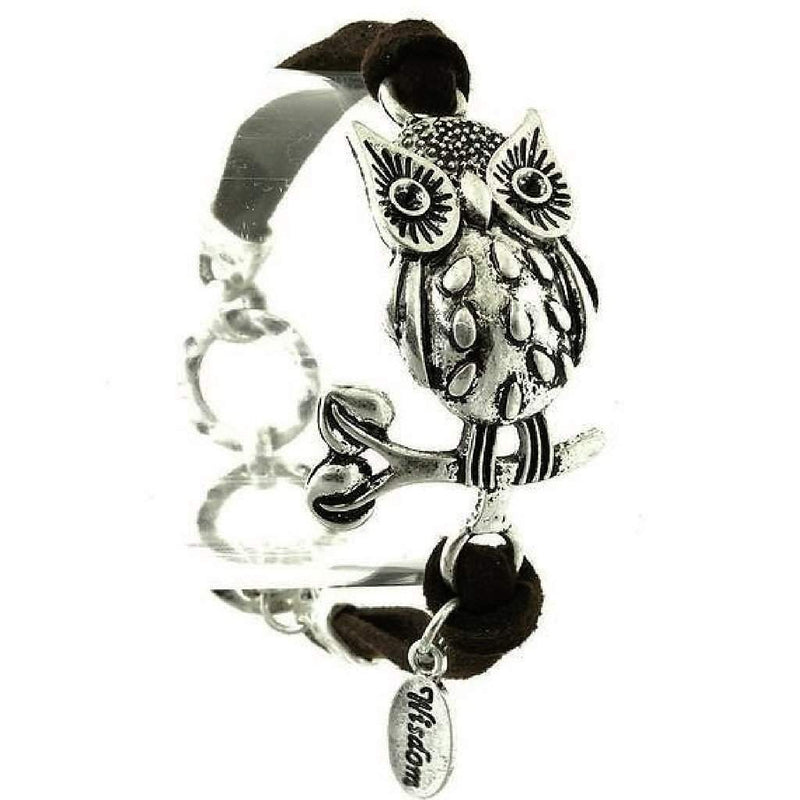Silver Owl On A Branch Black Suede Bracelet-Silver Bracelets