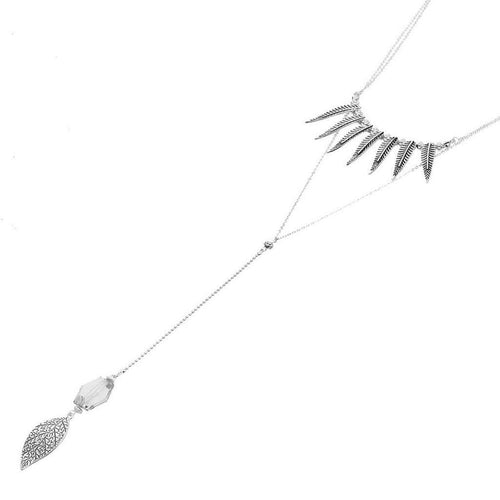 Silver Textured Leaf Boho Long Pendant Necklace-Layered Necklaces,Long Necklaces,Silver Necklaces