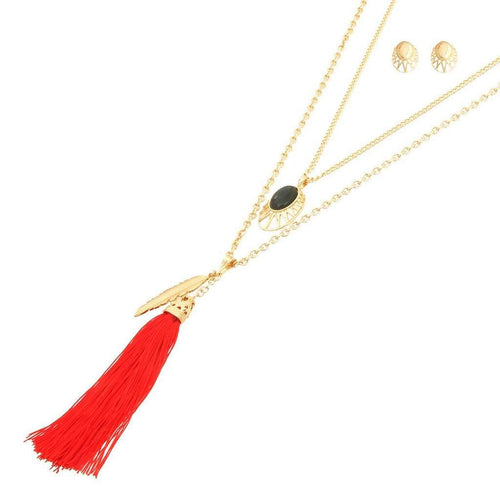 Long Layered Red Tassel and Leaf Necklace-Gold Necklaces,Layered Necklaces,Long Necklaces,Tassel Necklaces