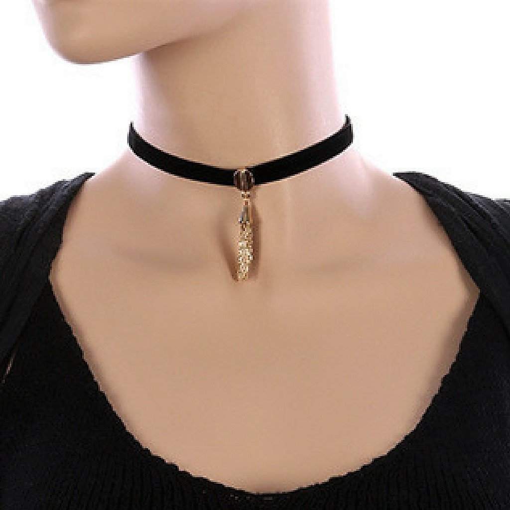 Black Velvet and Gold Chain Tassel Choker-Black,Chokers,Tassel Necklaces