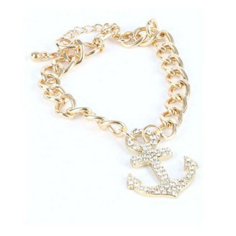 Gold and Crystal Anchor Charm Bracelet-Gold Bracelets