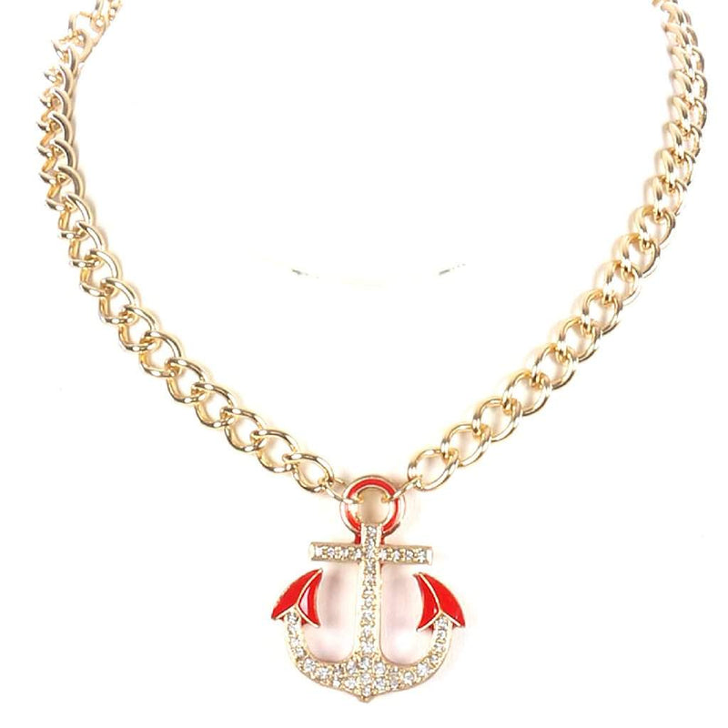 Red Anchor Nautical Necklace-Gold Necklaces,Red