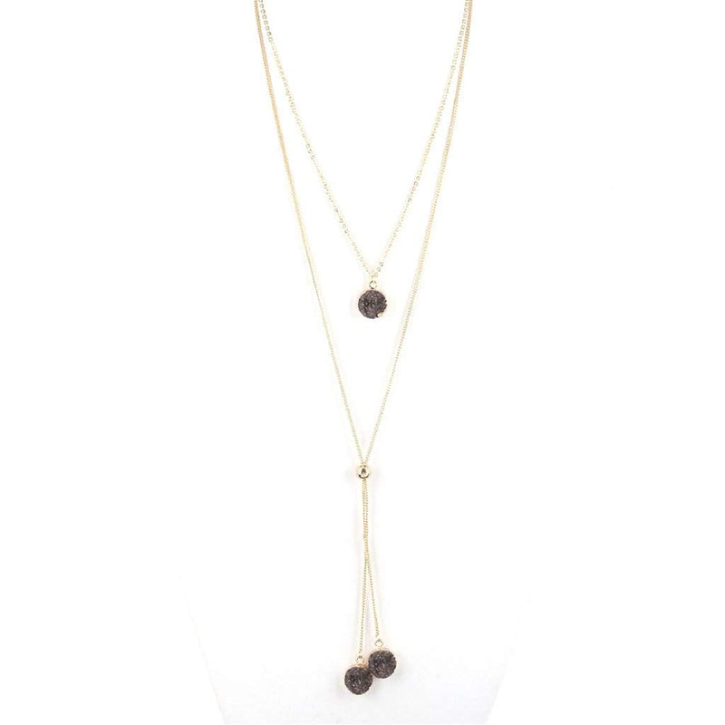 Hematite Druzy Drop Long Layered Lariat Necklace-Gold Necklaces,Layered Necklaces
