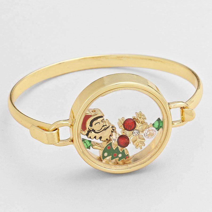 Santa Clause Christmas Floating Charm Gold Bracelet-Charms,Christmas,Gold Bracelets