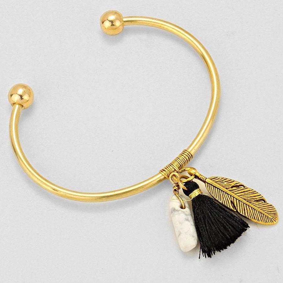 Leaf, Stone, and Black Tassel Gold Cuff Bracelet-Cuff Bracelets,Gold Bracelets