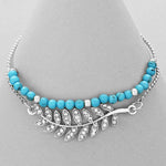 Turquoise Beaded Bracelet with Silver Crystal Pave Leaf-Beaded Bracelets,Silver Bracelets