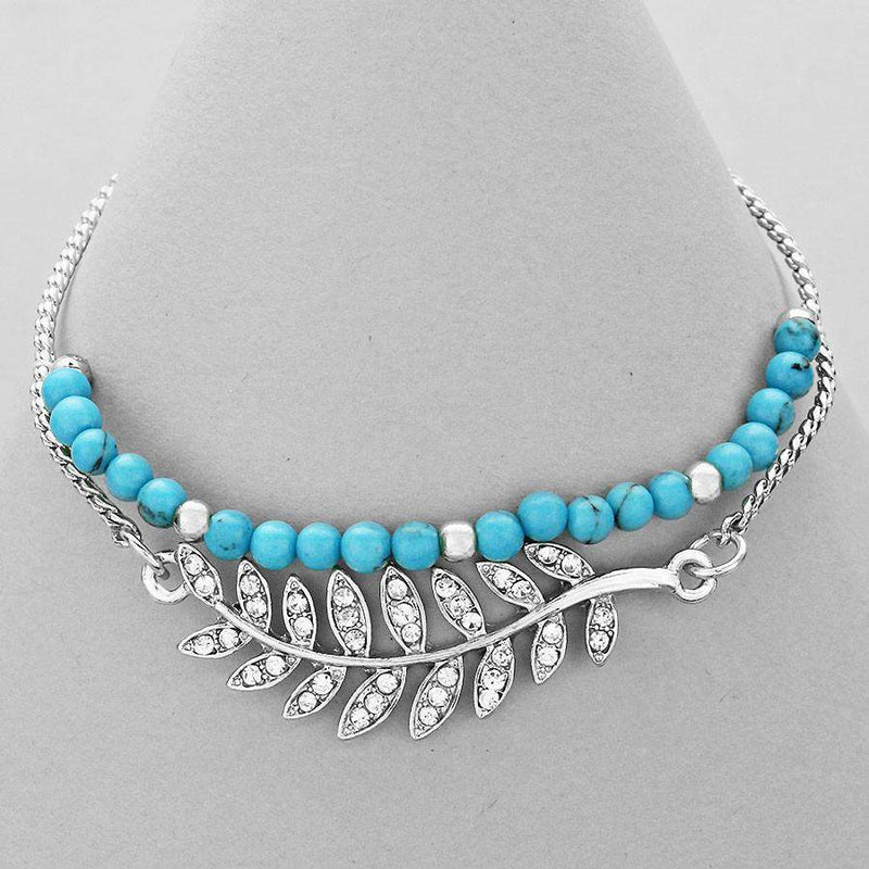 Turquoise Beaded Bracelet with Silver Crystal Pave Leaf-Beaded Bracelets,Silver Bracelets