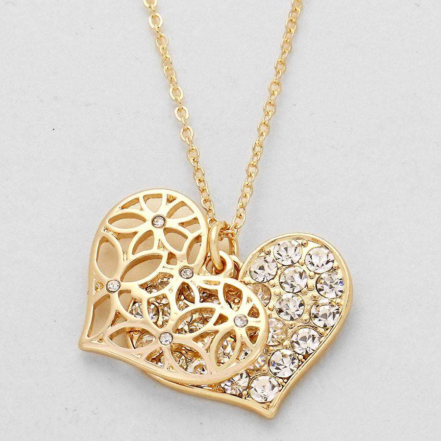 Gold Cut Out Heart and Crystal Pave Heart Necklace-Gold Necklaces,Heart
