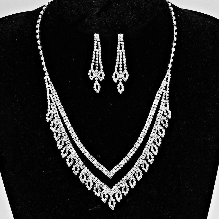 Crystal Rhinestone V Shaped Leaf Style Necklace-CZ Necklaces,Silver Necklaces