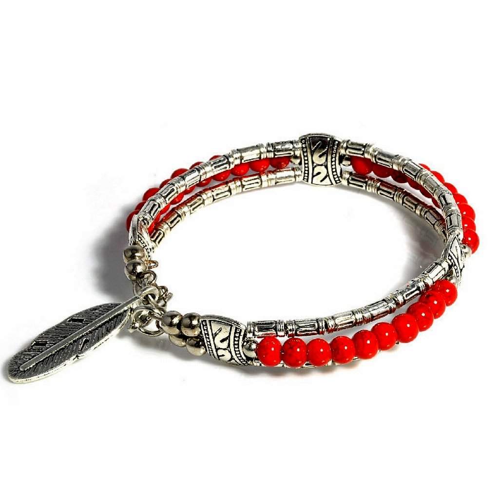 Silver Tibetan Feather and Red Beaded Bangle Bracelet-Bangle Bracelets,Red,Silver Bracelets