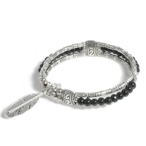 Silver Tibetan Feather and Black Beaded Bangle Bracelet-Bangle Bracelets,Black,Silver Bracelets