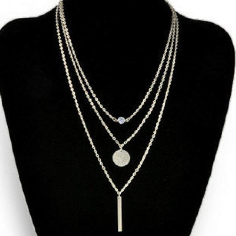 Silver Layered Bar, Disc, and Crystal Necklace-Layered Necklaces,Silver Necklaces