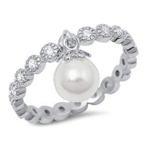 Sterling Silver Stackable CZ Ring With Drop Pearl-CZ Rings,Pearls,Sterling Silver Rings