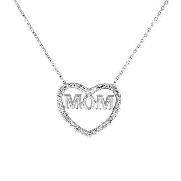 Heart and Mom Sterling Silver and CZ Stone Necklace-CZ Necklaces,Heart,Sterling Silver Necklaces