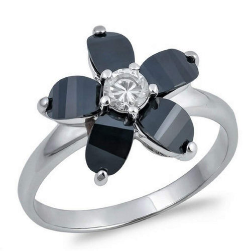 Black and Clear CZ Plumeria Flower Ring-CZ Rings,Sterling Silver Rings