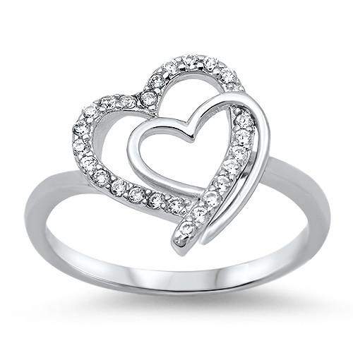 Sterling Silver and CZ Double Heart Ring-CZ Rings,Heart,Sterling Silver Rings