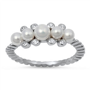 Pearl Cluster Sterling Silver Ring-CZ Rings,Pearls,Sterling Silver Rings,White